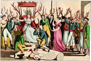 L'Ordine dei cornuti davanti al trono di Sua Maestà, Infedeltà: vignetta francese, 1815.